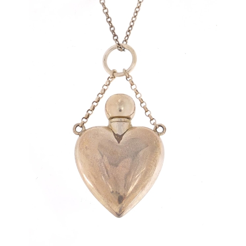 1142 - Silver love heart shaped scent bottle pendant on a silver necklace, the pendant Birmingham 1987, 6cm... 