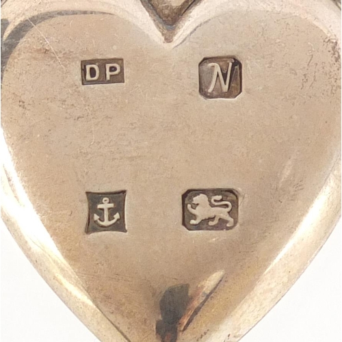 1142 - Silver love heart shaped scent bottle pendant on a silver necklace, the pendant Birmingham 1987, 6cm... 