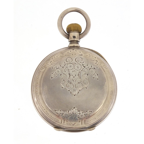 257 - Gentlemen's unmarked silver full hunter pocket watch with subsidiary dial, 54mm in diameter