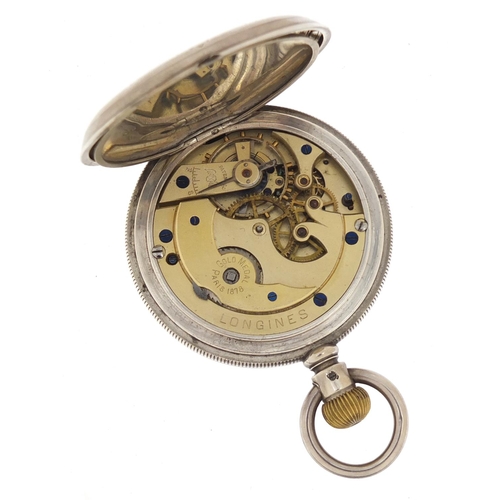 257 - Gentlemen's unmarked silver full hunter pocket watch with subsidiary dial, 54mm in diameter