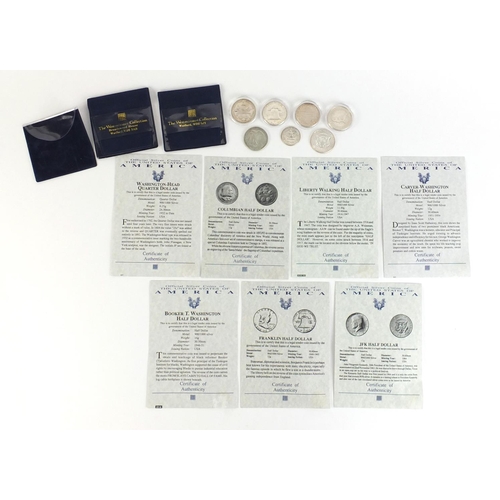 667 - Seven American silver half dollars with certificates of authenticity including Franklin, Booker T an... 