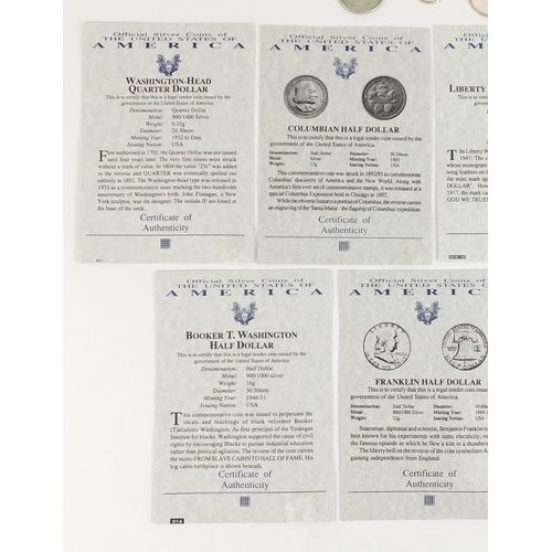 667 - Seven American silver half dollars with certificates of authenticity including Franklin, Booker T an... 