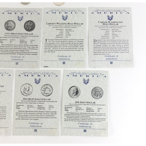 667 - Seven American silver half dollars with certificates of authenticity including Franklin, Booker T an... 