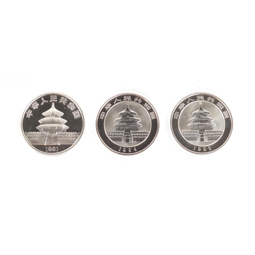 293 - Three Chinese silver pandas with certificates of authenticity comprising dates 1991, 1992 and 1994