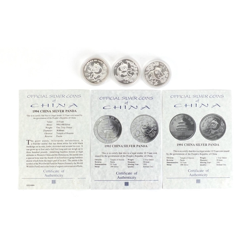 293 - Three Chinese silver pandas with certificates of authenticity comprising dates 1991, 1992 and 1994