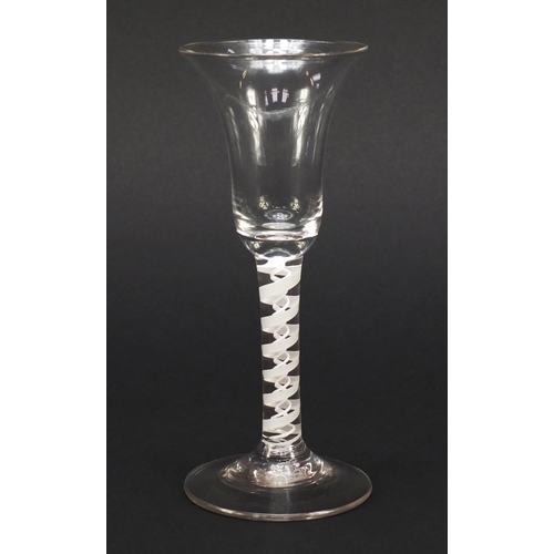 2 - 18th century wine glass with bell shaped bowl and opaque twist stem, 16.5cm high