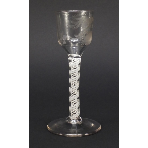 3 - 18th century wine glass with opaque twist stem and etched floral bowl, 15cm high