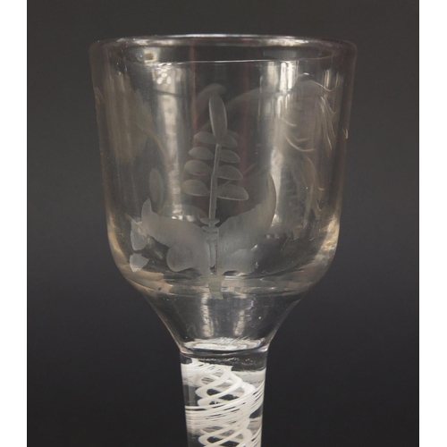 3 - 18th century wine glass with opaque twist stem and etched floral bowl, 15cm high