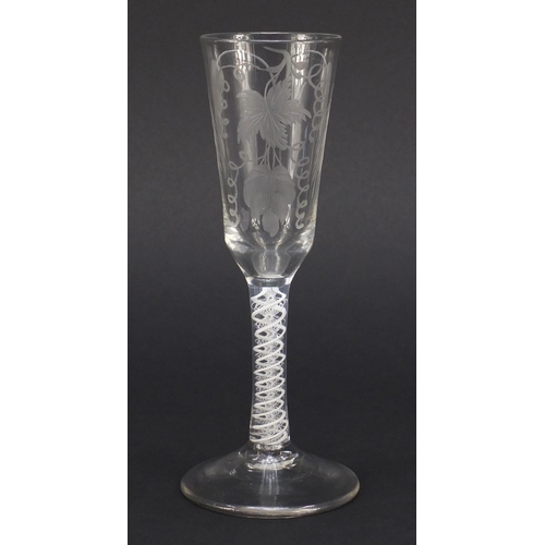 75 - 18th century ale glass with opaque twist stem, the ogee bowl engraved with crops and barley, 19cm hi... 