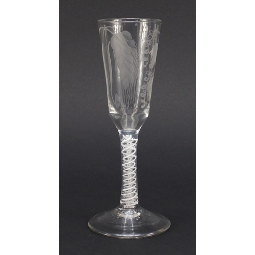 75 - 18th century ale glass with opaque twist stem, the ogee bowl engraved with crops and barley, 19cm hi... 