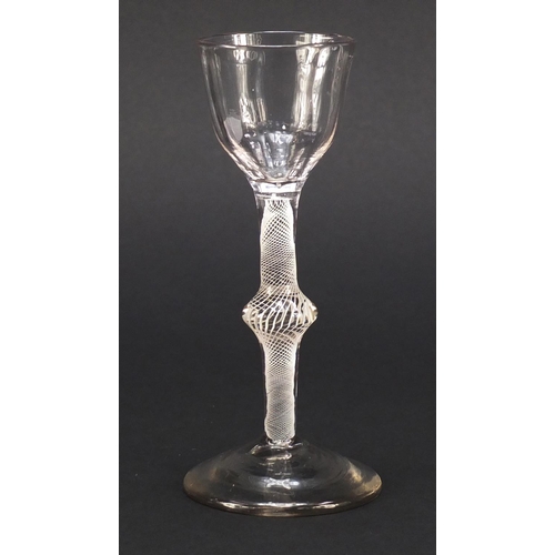 76 - 18th century wine glass with moulded bowl and knopped open twist stem, 15cm high