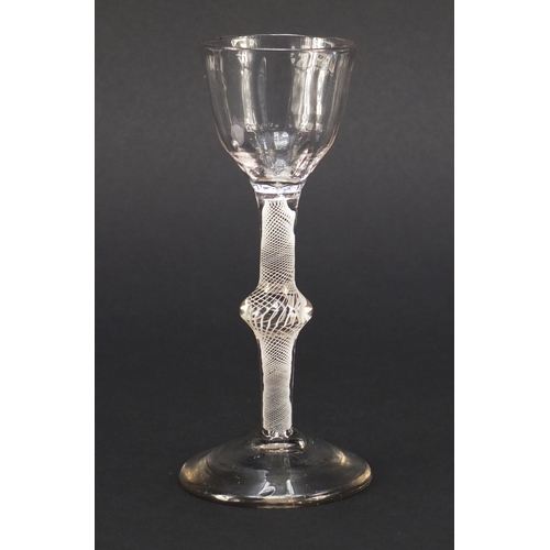 76 - 18th century wine glass with moulded bowl and knopped open twist stem, 15cm high