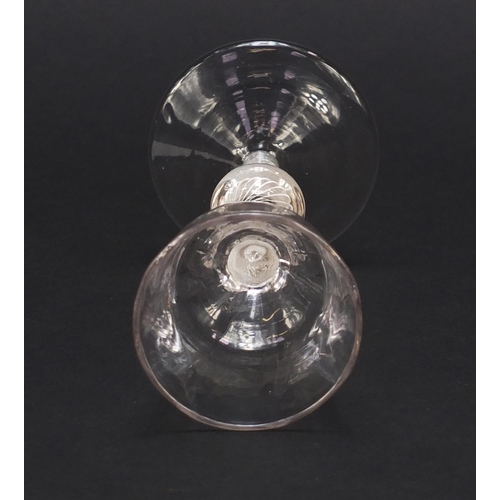 76 - 18th century wine glass with moulded bowl and knopped open twist stem, 15cm high