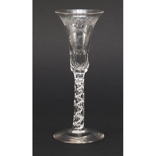 78 - 19th century wine glass with opaque twist faceted stem and engraved bowl, 15cm high