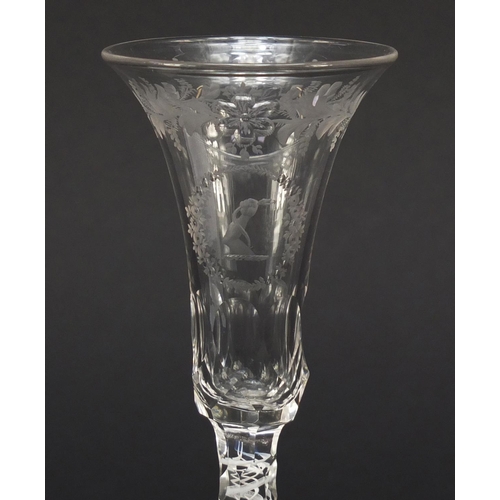 78 - 19th century wine glass with opaque twist faceted stem and engraved bowl, 15cm high