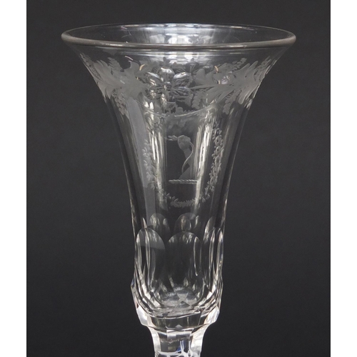 78 - 19th century wine glass with opaque twist faceted stem and engraved bowl, 15cm high