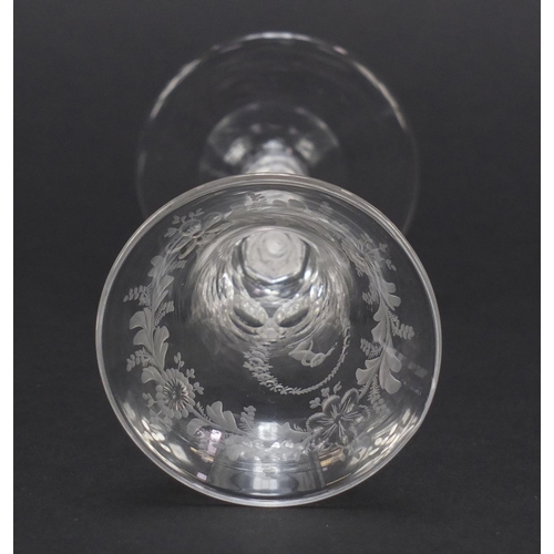 78 - 19th century wine glass with opaque twist faceted stem and engraved bowl, 15cm high