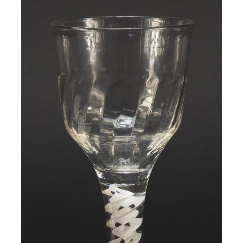 120 - 18th century wine glass with writhen bowl and cotton twist stem, 15cm high