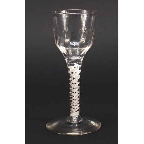 120 - 18th century wine glass with writhen bowl and cotton twist stem, 15cm high