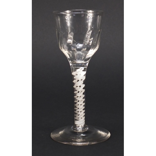 120 - 18th century wine glass with writhen bowl and cotton twist stem, 15cm high