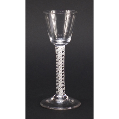 123 - 18th century wine glass with bell shaped bowl and double opaque twist stem, 14.5cm high