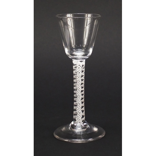 123 - 18th century wine glass with bell shaped bowl and double opaque twist stem, 14.5cm high