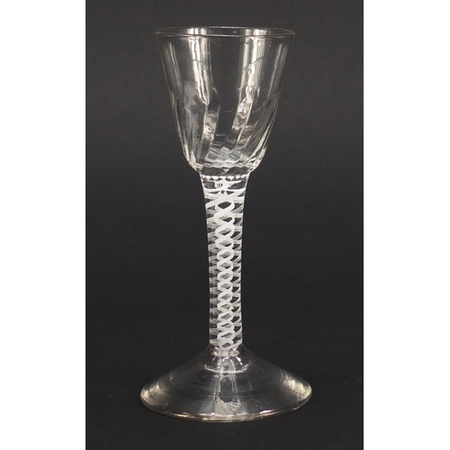 325 - 18th century wine glass with writhen bowl and double opaque twist stem, 13.5cm high