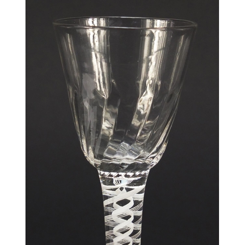 325 - 18th century wine glass with writhen bowl and double opaque twist stem, 13.5cm high