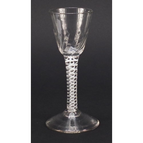 325 - 18th century wine glass with writhen bowl and double opaque twist stem, 13.5cm high