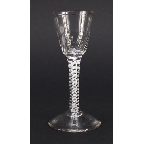 325 - 18th century wine glass with writhen bowl and double opaque twist stem, 13.5cm high