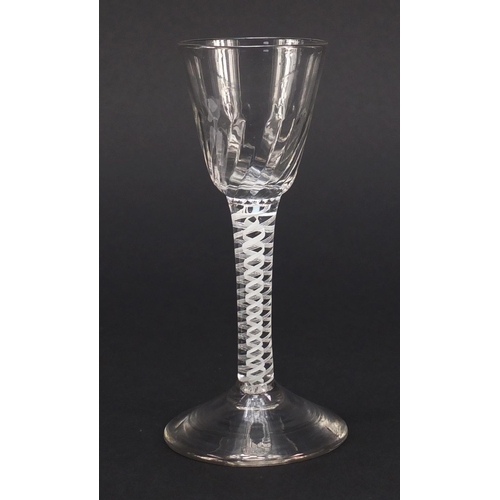 325 - 18th century wine glass with writhen bowl and double opaque twist stem, 13.5cm high