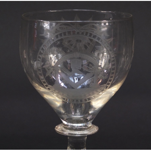 329 - Early 19th century masonic interest glass rummer with engraved bowl, 14cm high