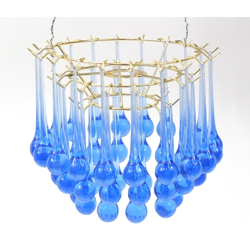417 - Retro brass three tier chandelier with blue drops, 20cm high x 26cm in diameter