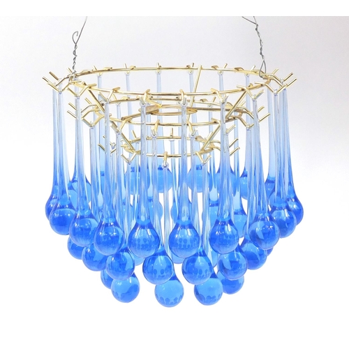 417 - Retro brass three tier chandelier with blue drops, 20cm high x 26cm in diameter