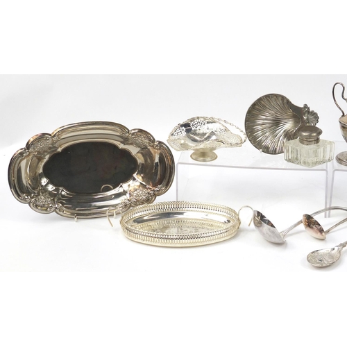 1561 - Silver plate including cutlery, centrepiece, circular dish mounted with squirrels and glass inkwell