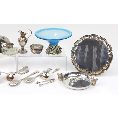 1561 - Silver plate including cutlery, centrepiece, circular dish mounted with squirrels and glass inkwell