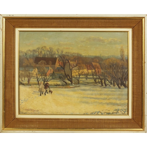 543 - Harold George - The fishery, oil on canvas, label verso, mounted and framed, 43.5cm x 34cm