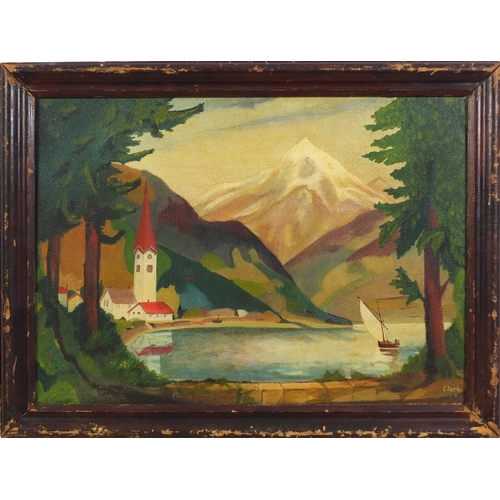 1238 - Clark - Boat in water before mountains, Continental school oil on board, label verso, framed, 45.5cm... 