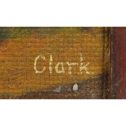 1238 - Clark - Boat in water before mountains, Continental school oil on board, label verso, framed, 45.5cm... 