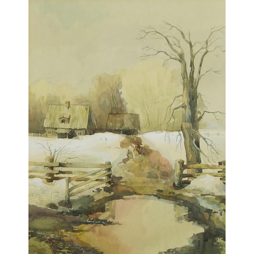 67 - Andrei Shishayev - Pond and fence in the village and church near Moscow, pair of Russian watercolour... 