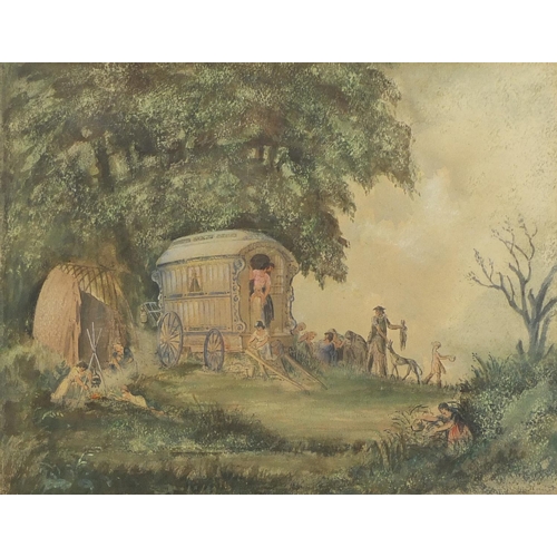 68 - Gypsy encampment, 19th century watercolour, indistinctly signed, mounted, framed and glazed, 46.5cm ... 