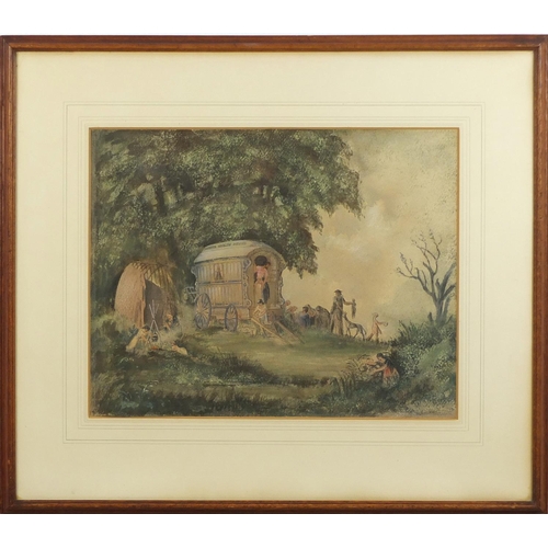 68 - Gypsy encampment, 19th century watercolour, indistinctly signed, mounted, framed and glazed, 46.5cm ... 