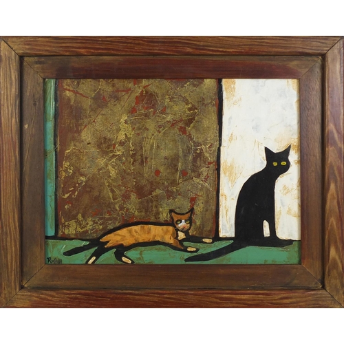 540 - Colin Ruffell - Two cats, oil on canvas board, mounted and framed, 38.5cm x 28.5cm