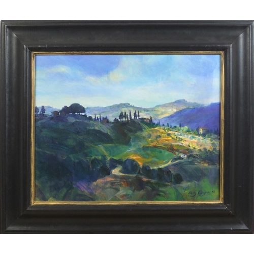 542 - Polly Raynes - Continental landscape, acrylic on canvas, framed, 48.5cm x 39cm