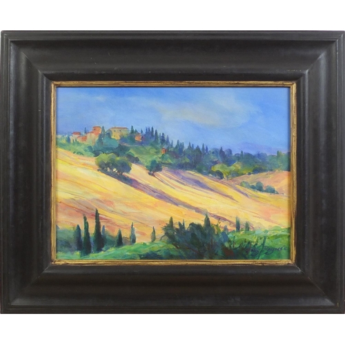 702 - Polly Raynes - Continental landscape, acrylic on canvas, framed, 38.5cm x 28.5cm