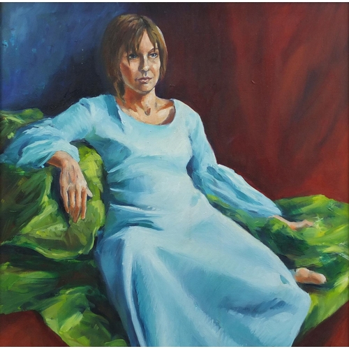 768 - Female in a chair, Impressionist oil on canvas, framed, 49.5cm x 48.5cm