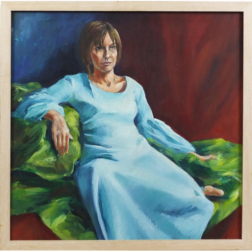 768 - Female in a chair, Impressionist oil on canvas, framed, 49.5cm x 48.5cm