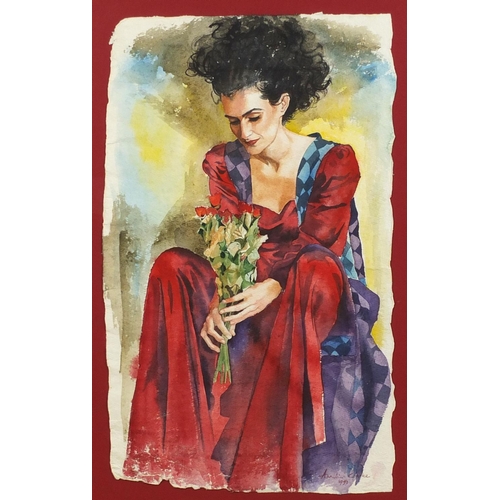 764 - Annelies Clarke - Female holding flowers, watercolour on card, framed and glazed, 59.5cm x 36cm