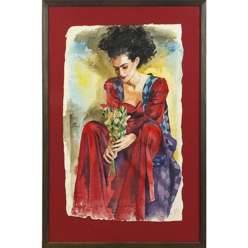 764 - Annelies Clarke - Female holding flowers, watercolour on card, framed and glazed, 59.5cm x 36cm