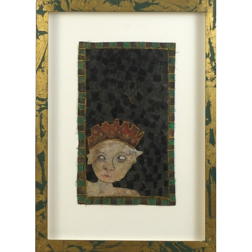 1236 - Liz Taiz - Crowned head, mixed media, inscribed verso, framed and glazed, 29cm x 17.5cm